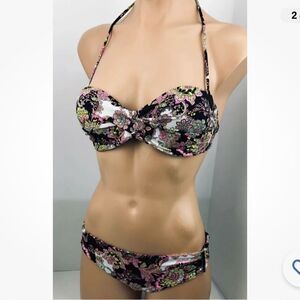 Victoria's Secret Bikini Padded Bandeau Black Floral 34B M - no straps